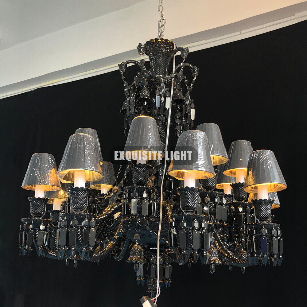 Baccarat Inspired 18 Lights Black Chandelier Lustre Baccarat Crystal Lighting with Lampshades